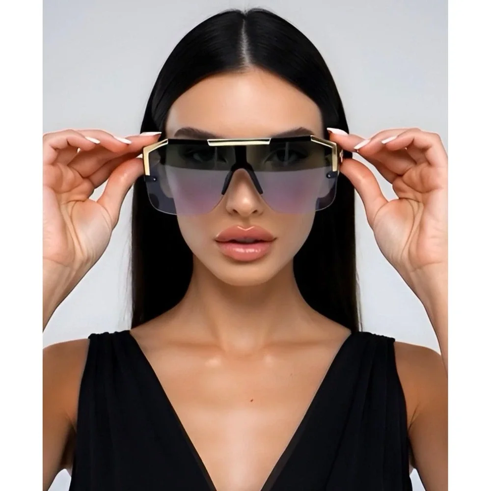 Shield Sunglasses Gold Top Metal Bar Trim Rimless Oversized Shadades Square‎ New